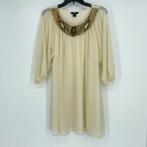 H&M Tops Women's 12 Beige Gold Sheer Round Neck Studded Peasant Sleeve Pullover